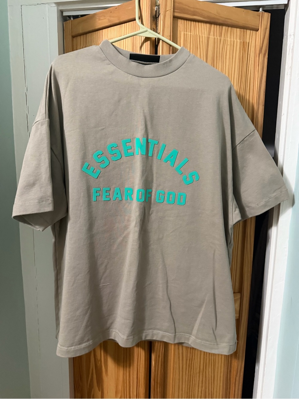 Essentials Men’s Short Sleeve Tee (thick material) in Taupe with Teal Logo